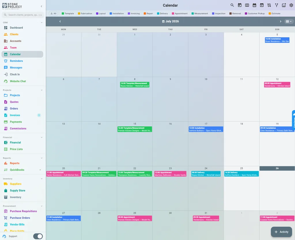Month calendar with templates, deliveries, installs and appointments across the month