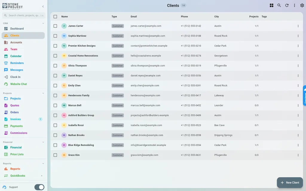 Client list showing contact details and job history for every client