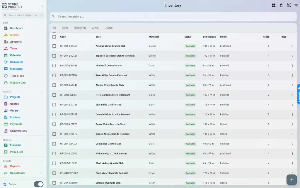 Stone Project inventory catalog listing remnant slabs with codes, materials, dimensions and finishes