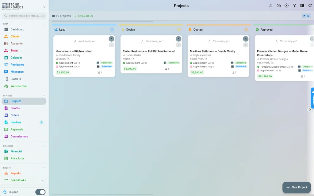 Kanban board with jobs across Lead, Design, Quoted and Approved stages
