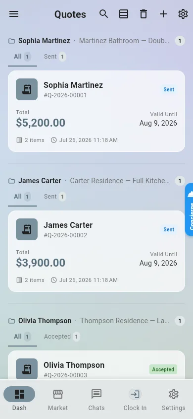 Quotes list on a phone, with each quote card showing the client, total, status and item count
